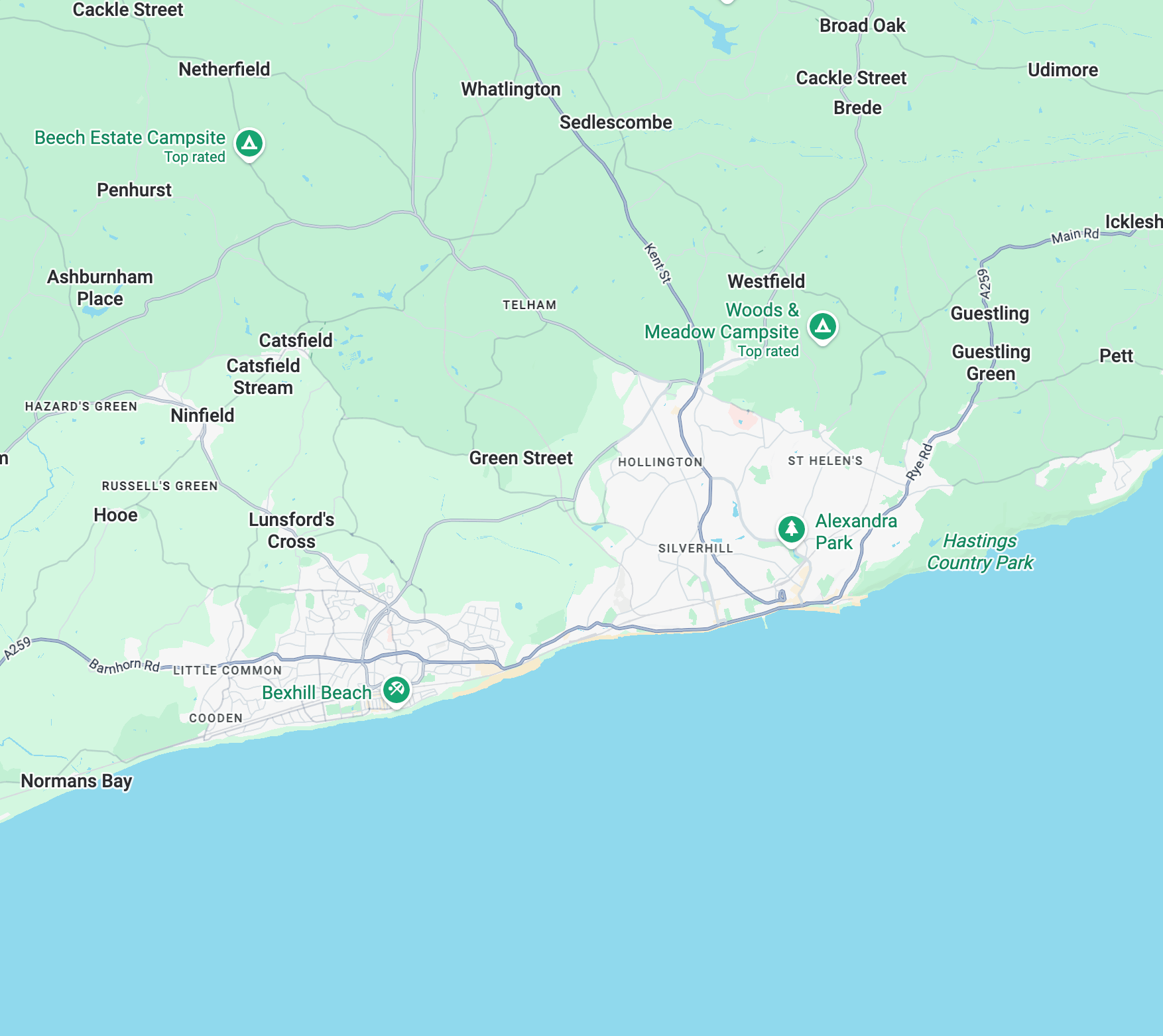 Map showing roofing coverage across Hastings, Bexhill, Fairlight and Ninfield